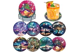 Lxmsja 8 Pcs Árbol de la Vida Diamond Painting Posavasos Con Soporte, 5D Diamantes Kit Para Adultos, Corcho, Para Bebidas, Café y Té de Bar, Manualidades