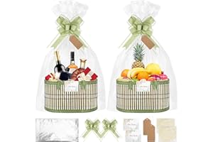 SelfTek Empty Hamper Basket, 2 Set Hamper Baskets for Gifts Green Woven Bamboo Gift Basket Kit with Wrap Bags, Raffia, Pull Bows, Greeting Cards, Baskets to Make Hampers for Christmas, Birthday
