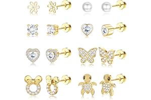 Adramata 8 Pares Pendientes de Plata de Ley 925 Niña Mujer Pendientes Hipoalergenicos Niña con Cierre de Tornillo Lindo Mariposa Flor Corazón Pendiente Oro Plata de Aretes