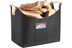 JINGTOPS Sac à Bûches en Feutre XXL,Sac de Rangement en Feutre pour le Bois de Chauffage,Grand panier à Bois de Chauffage,Panier à Bûches Intérieur avec Poignée en Bois et Gants (gris foncé, 55x40x30cm)