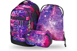 Baagl Schulrucksack Set Jungen Mädchen Teenager 3 Teilig, Skateboard Rucksack Skate MAX, Schultasche ab 3. Klasse, Grundschule Ranzen mit Brustgurt, Ergonomischer Schulranzen, 30 l (Galaxy)