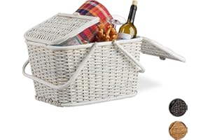Relaxdays Picknickkorb mit Deckel, geflochten, Stoffbezug, Henkel, großer Tragekorb, stabil, handgefertigt, Rattan, Weiß