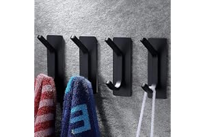 AMROAH 4pcs Stainless Steel Adhesive Hooks Wall Mounted, Heavy Duty Storage Wall Mount Hooks for Hanging Coat Clothes Towels Hat Bags for Home Entryway Bathroom Bedroom Kitchen Living Room (Black)