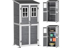 Outsunny Gartenschrank Holz, Geräteschuppen mit Abschließbar Tür 2 Fenstern Bodenplatte Asphalt-Pultdach Ablage 91x69x192cm, wetterfest Geräteschrank, Gerätehaus für Garten, Terrasse, Hellgrau