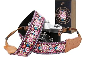 Padwa Lifestyle Kameragurt - 2“ Rindsleder Kopf Kameragurt für Fotografen, Vintage Jacquard Stickerei gewebt Baumwolle verstellbare Schulter Nackenriemen für Kameras, Ferngläser - Vintage Pulver