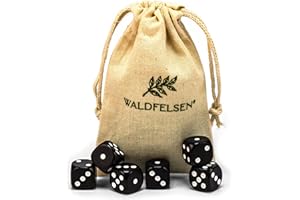 Waldfelsen 6, 12, 20, 30 oder 50 hochqualitative Würfel Standardgröße 16 mm Acrylwürfel Knobel Spielwürfel Dice 6-seitig sechsseitig Spielzubehör Set mit Stoffbeutel (Schwarz, 6 Stück)