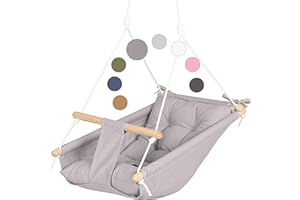 CaTeam - Hamac pour bébé en Toile, Chaise Suspendue en Bois avec Ceinture de sécurité, Chaise hamac Durable pour bébé, balançoire extérieure et intérieure pour Enfants, Gris Taupe