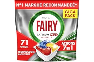 Fairy Platinum Plus Tablettes Lave-vaisselle Tout-en-1, 71 Tablettes, Parfum Citron, Technologie Anti-Terne, Redonne l'Éclat, Prévient le Calcaire, Système Pré-Lavage Intégré, Efficace en Cycle Court