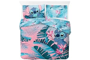 Jay Franco Juego de Cama Floral de Lilo y Stitch Disney con Funda de edredón para Cama Doble de algodón Afelpado - Incluye una Funda de Almohada de 50 x 70 cm