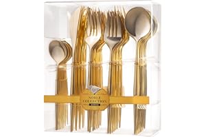 Decor Decorline - Ensemble de couverts réutilisables en plastique robuste - 40 pièces - Chacun avec 16 fourchettes, 8 couteaux, 8 cuillères et 8 cuillères à dessert - Noble Collection - Or brillant