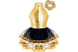 Mufeng Kids Girls Gold Sequin Dance Dress Sleeveless Halter Neck Ballet Tutu Skirts Leotard Dress Ballerina Outfit