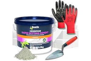 DECEX Cement Ready Mixed Bundle with 2.5kg Bostik Cementone Rapid Setting Cement Mix, 6" Pointing Trowel, & Safety Gloves | Quick Drying | Ready Mix Concrete Filler for Indoor & Outdoor Mortar Repair