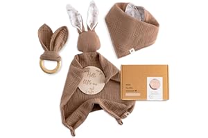 Coffret Cadeau Naissance Bébé Mikito - Doudou Lapin, Bavoir Bandana, Mordedor Bois & Carte - 100% Coton Bio Certifié OEKO-TEX et GOTS - Cadeau pour Fille & Garçon