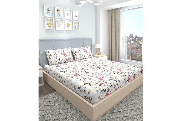 VOMZER 320 TC Cotton Feel All Around Elastic Fitted Floral Bedsheets King Size, Premium Fitted Bedsheets King Size for Double Bed with 2 Pillow Covers, Size- 78" x 72" (White)