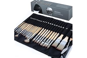 ARTIFY ART SUPPLIES ARTIFY Set di pennelli da 24 pezzi, serie Expert, set di pennelli sintetici migliorati con rullo di tela e spatola per tempera acquarello ad olio acrilico (betulla)