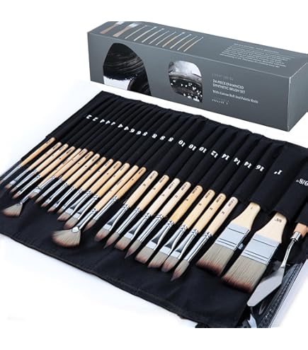 Set 6 Pennelli Ovali In Zibellino Sintetico Filbert - Per Acquerello, Acrilico, Olio E Guazzo, Manico Lungo