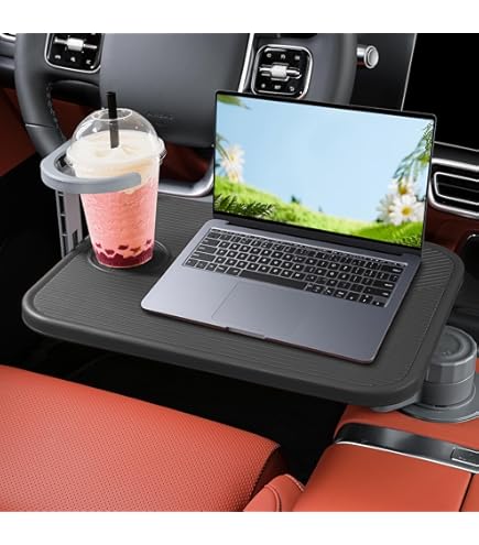 MASO 1 st draagbare auto laptop bureau, middenconsole lade, middenconsole bureau dashboard lade verwijderbare voedsel eettafel voor roadtrips, stuurwiel multifunctionele eettafel, grijs