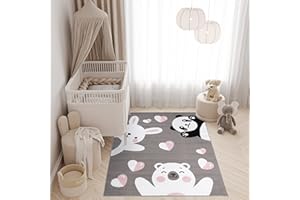 TAPISO Pinky Tappeto Gioco Bambini Pelo Corto Design Moderno Motivo Animali Orso Panda Coniglio Grigio Bianco Sicuro Oeko-Tex Morbido Cameretta Stanza Bambini Camera Bimbi 140 x 200 cm