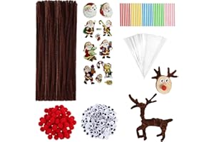 HUACOMMERCE 100 Stück Weihnachts Rentier Bastelset mit 100 braune Pfeifenputzer, 100 Süßigkeitentüten, 100 Bandstreifen, 100 rote Pompons, 100 Wackelaugen & Weihnachtsstickern. Ideal für DIY, Basteln & Geschenke