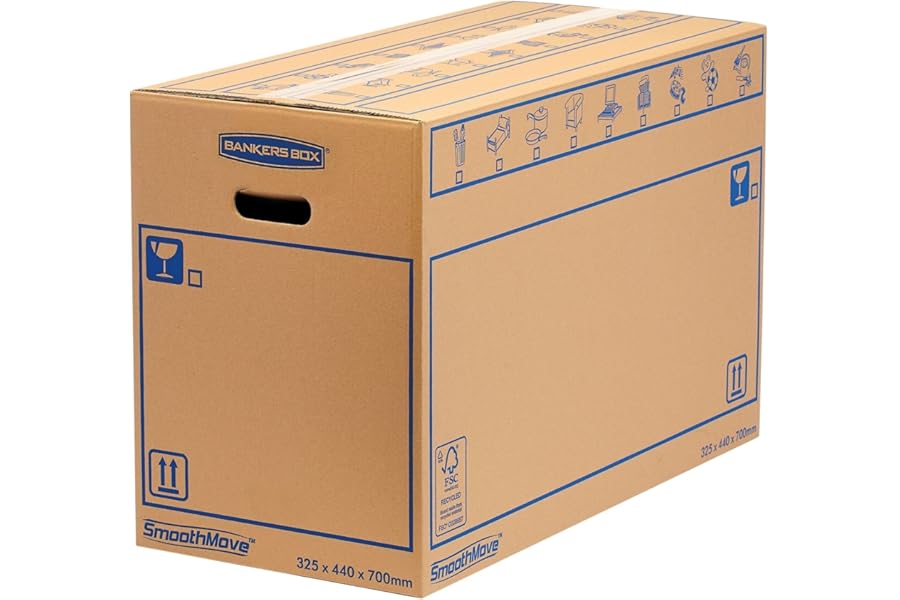 5 BANKERS BOX EXTRA LARGE Strong Moving Boxes, 100L SmoothMove Cardboard for Packing & Moving, Heavy Duty Double Wall for Moving House with Handles, 70cm x 44cm x 33cm (Pack of 5), Brown
