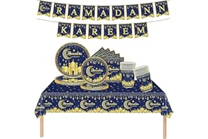 MIENOCOL 70PCS Eid Party Tableware Set,Blue Gold Moon⋆ Ramadan Kareem Themed Disposable Plates Napkins Cups Tablecloth and Banner for Ramadan Umrah Mubarak Islam Muslim Home Room Dinning Table Decoration