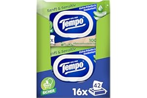 ‎TEMPO Tempo Feuchte Toilettentücher "Sanft & Sensitiv" - Megapack - 16 Packungen mit je 42 Tüchern - mit natürlicher Aloe Vera - feuchtes Toilettenpapier, dermatologisch getestet und pH-hautneutral