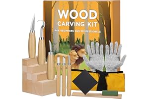 SERUNO X Strumenti Per Intaglio Del Legno, 19 in 1 Kit Intaglio Legno per Adulti, Bambini, Principianti, Include 8 Strumenti per Intagliare il Legno, 6 Coltelli da Intaglio, Guanti Resistenti al Taglio