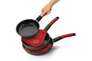 BRA Premiere Set de 3 sartenes, aluminio fundido antiadherente, aptas para todo tipo de cocinas, incluido inducción, Color Negro Con Silicona Roja, 18|22|26 cm