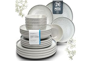 PURE LIVING INTERIOR DESIGN 24 Piece Dinner Sets for 6 People - Beautiful Mediterranean Style Stoneware Dinner Set for 6 - Dishwasher & Microwave Safe Plates and Bowls Set for 6 - by Pure Living in Beige