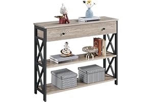 Yaheetech Table Console à 3 Niveaux Table d'entrée en Bois avec 1 Grand Tiroir et 2 Étagères Bout de Canapé Polyvalente Cuisine Chambre Couloir Gris