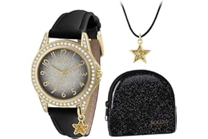 Tikkers Girl's Black Star Analogue Quartz Watch, Necklace and Glitter Purse Gift Set