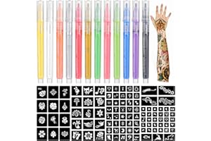 QUELLE Marcadores para Tatuajes Temporales, 12 Colores Marcadores para Tatuajes y Cosmética sobre la piel, Variados 104 Plantillas de Patrón,Tatuajes Temporales para Arte Corporal
