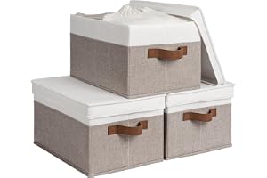 StorageWorks Stora förvaringslådor med lock, 39 x 27.5 x 21.5 cm tygkorgar, lådor för kläder, linneskåpsorganisatörer med handtag, beige, 3-pack