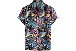 LucMatton Men's Cotton Linen Traditional Pattern Print Short Sleeve Button Down Hawaiian Shirts