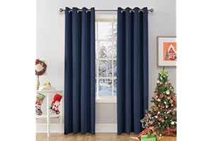 CUCRAF Fashion Full Blackout Curtain 2 Panels Top Ring Thermal Insulated Linen Look Eyelet Blackout Curtains Sun Blocking Window Curtain for Living Room 46" x 72", Blue