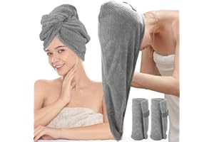 Hience 2-Pack Large Microfibre Hair Towel Wrap for Long Curly Hair, 86x26cm Super Absorbent Quick Drying Hair Turban with Elastic Straps for Women, Anti-Frizz Hair Drying Towel, Grey