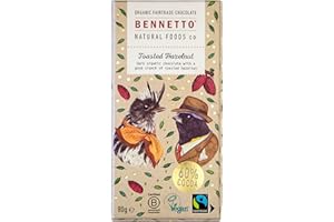 BENNETTO Toasted Hazelnut Dark organic chocolate with crunchy toasted hazelnuts. 60% cocoa. Certified organic, Fairtrade, and net climate positive. Beautiful gifts for everyone.