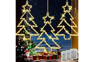 Joycome Decorazioni Natalizie per Esterno 3 Pezzi 55 LED Luci Albero di Natale per Finestre, Luci Natalizie da Esterno con Timer, Sospese Albero di Natale per Esterni da Interni - Bianco Caldo