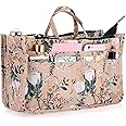 IGNPION Printed Insert Handbag Purse Organiser 13 Pockets Expandable Liner Bag Pouch Zipper Closure Tote Organiser Diaper Bag Insert with Handle (Orange-Pink Flower)