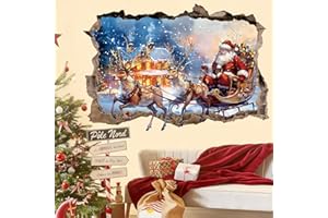 KAIRNE 3D Crack Wall Sticker Santa Sleigh Decal Large Christmas Window Cling Santa Claus Oil Painting Room Sticker Winter Wall Decor Xmas Elk Room Decals for Xmas Party Living Room 90x60cmV