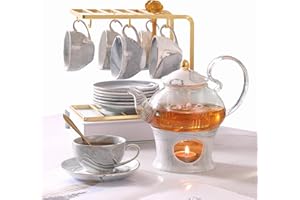 DUJUST 21 pcs Small Tea Set of 6, Gray Marble Set, Handcraft Golden Trim, Fine Porcelain Tea Pot Set for Kids&Adults, 1 Glass Teapot(22oz), 6 Cups(4oz), 6 Saucers, 6 Spoons, 1 Shelf&1 Warmer
