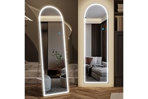 LVSOMT LED Specchio da terra ad Arco, 153x50cm Specchio da parete Grande, Specchio figura intera Arcuato con Luci, Senza Cornice Specchio da terra Camera da letto, Luce a 3 colori, Alluminio, Bianco