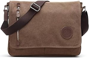 SUNBORLS Classic Messenger Bags for Men Vintage Canvas Genuine Leather Ornamental Shoulder Bag Daily Commuting, Travelling, College Bag Flip Lid Design + Large Opening for Easy Access to Items at All Times