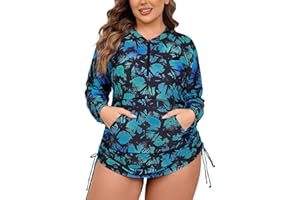 Halcurt Plus Size Rash Guard for Women UPF 50+ Zip Drawstring Ruched Pocket Top