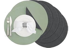 ‎BANCHIF Banchif Tischsets, Durchmesser 38cm Leinenimitat Platzsets Abwaschbar rutschfeste Tischsets Platzsets Doppelseitigen Platzdecken (Grau Salbeigrün, Rund Satz von 6)
