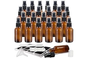 BELLE VOUS Braunglas Zerstäuber Sprühflasche Set (24 Stk) - Nachfüllbare Sprühflasche Klein 30 ml - Sprühflasche Feiner Nebel, Bürste, Trichter, Etiketten & Stift - Für Ätherische Öle & Aromatherapie