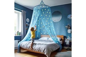 UB-STORE Lit à baldaquin Bleu pour filles avec pré-collés luisant dans les étoiles sombres - Décor de chambre en moustiquaire Princesse