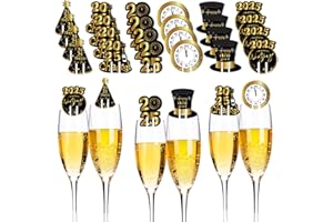 DPKOW 24 Stück Happy New Year Deko 2025 Weingläser Deko Rotweinglas Glasmarkierer Silvester Glas Markierung Trinkgläser für Silvester Deko 2025 Silvester Tischdeko