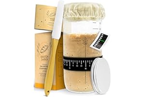 KRUSTENZAUBER Zestaw do zakwasu na chleb - 600 ml słoik do fermentacji z łopatką i termometrem - Akcesoria do pieczenia chleba, zakwas szklan, fermentacja, zestaw do zakwasu, pusty szklany pojemnik,