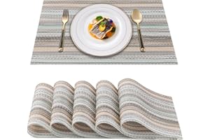 HOTACE Placemats Sets of 6 for Dining Table - Rustic Placemat Woven Vinyl PVC with Green Farmhouse Strip, Non-Slip Washable Placemats Heat Resistant Kitchen Table Mats for Home Restaurant Cafe Pub (6, Green)